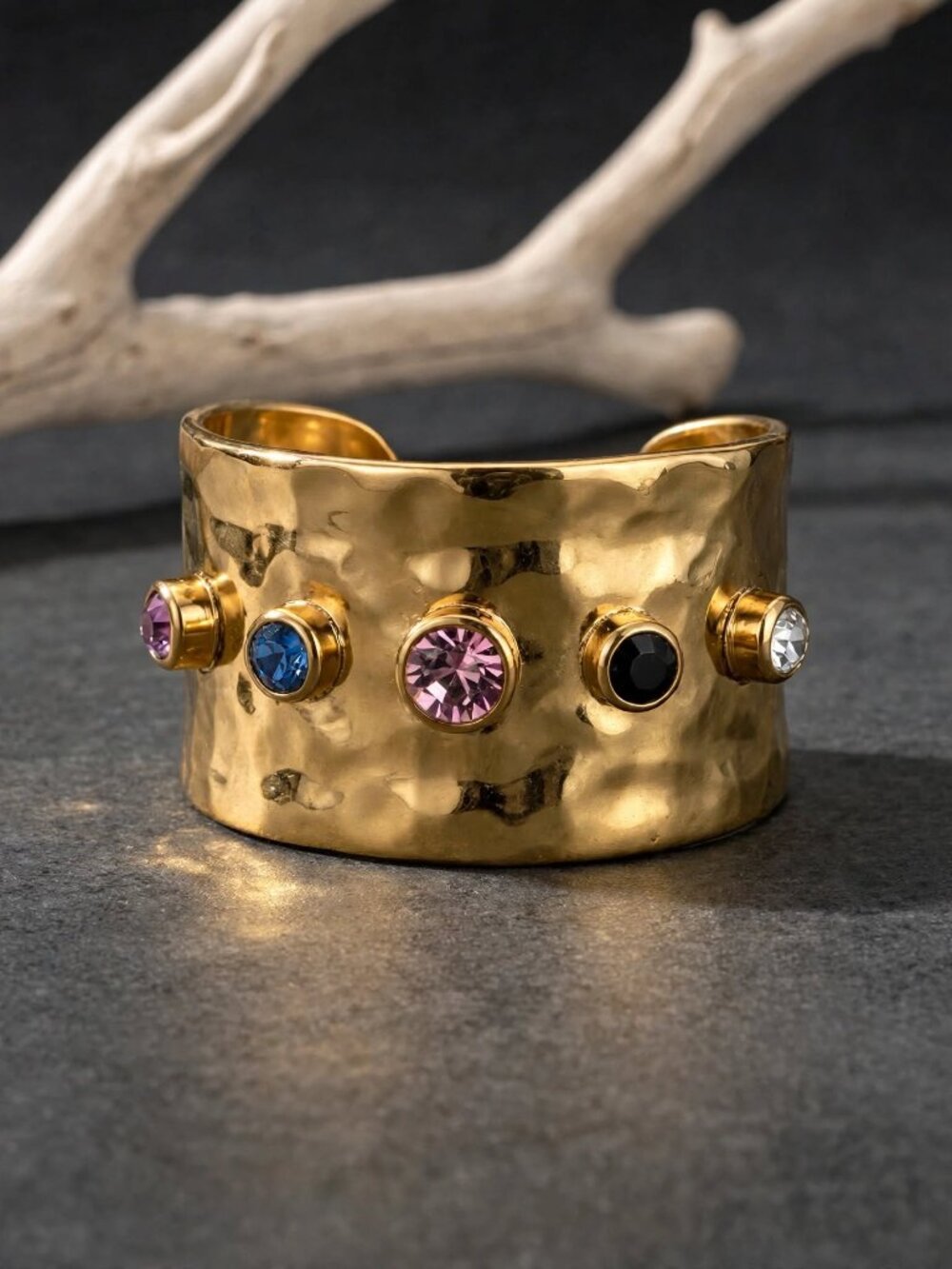 Chunky Gold Cocktail Ring Hammered Wide Band Open Multicolor CZ Statement 6-9